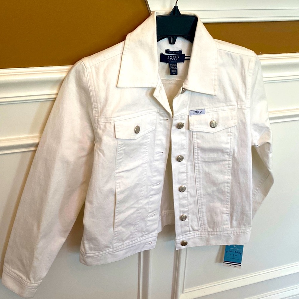 Izod NWT White Ladies Jean Jacket Sz Petite Small Silver Buttons & Pockets